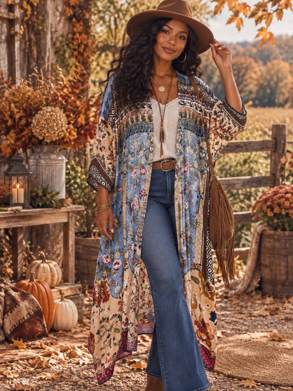 Boho Patchwork Floral Long Kimono Duster